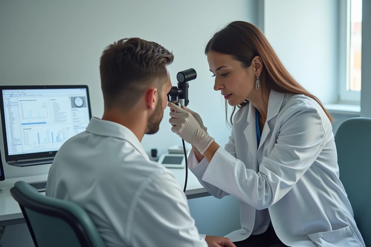 Dermatologue examinant le cuir chevelu d'un patient avec un dermatoscope en cabinet médical