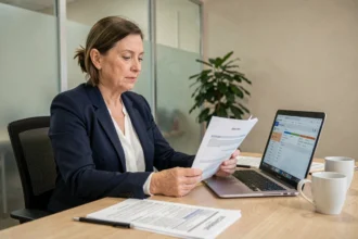 Directrice d'Ehpad examinant des documents liés à la réforme Net Soin 2026 dans son bureau administratif