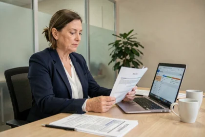 Directrice d'Ehpad examinant des documents liés à la réforme Net Soin 2026 dans son bureau administratif