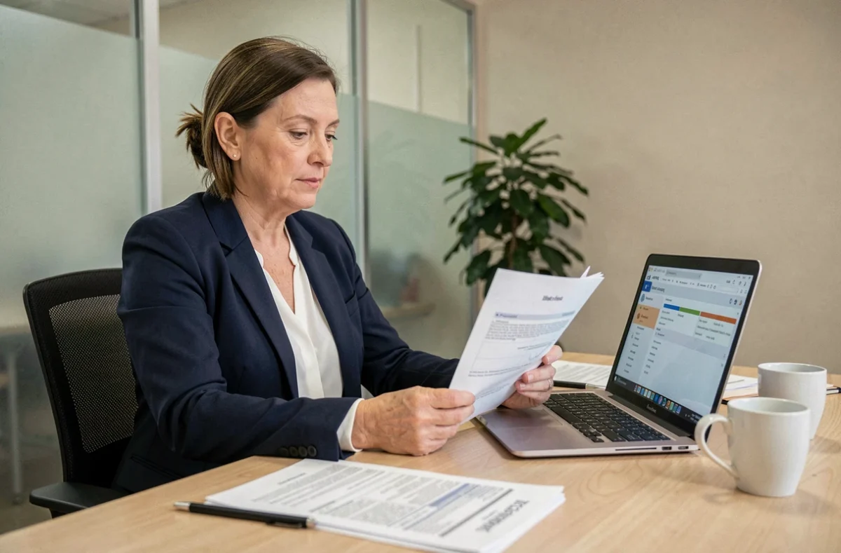 Directrice d'Ehpad examinant des documents liés à la réforme Net Soin 2026 dans son bureau administratif
