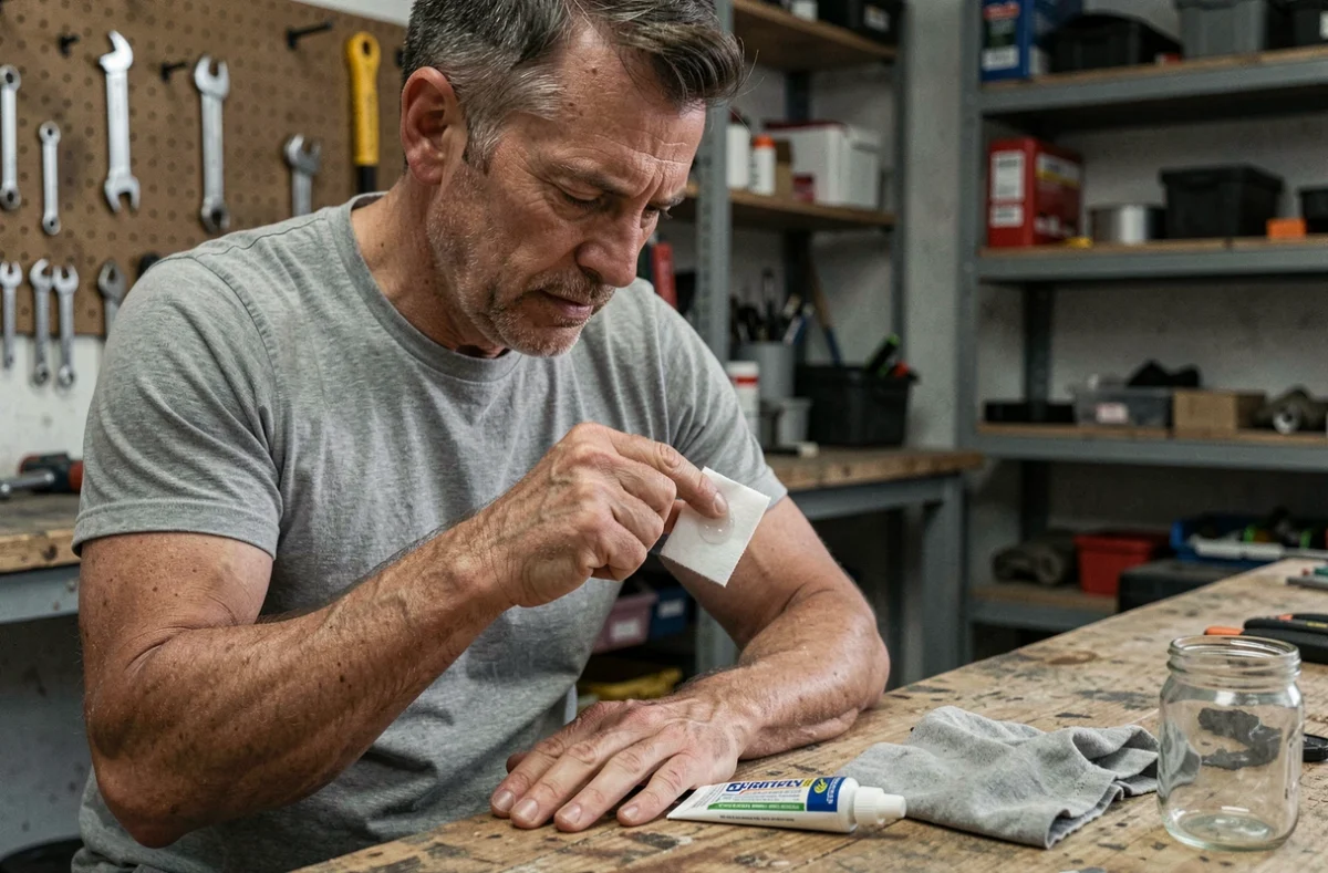 Homme appliquant de l'acétone sur ses doigts collés dans un atelier pour dissoudre la super glue