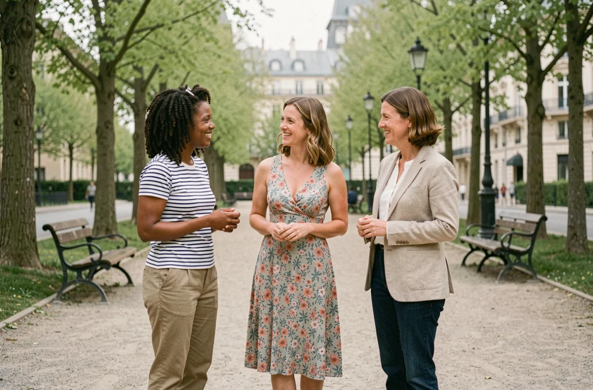 Groupe de femmes françaises de morphologies et tailles différentes dans un parc parisien, illustrant la diversité corporelle et la taille moyenne des femmes en France