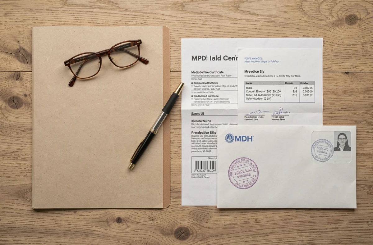 Documents nécessaires pour constituer un dossier MDPH organisés sur une table en bois