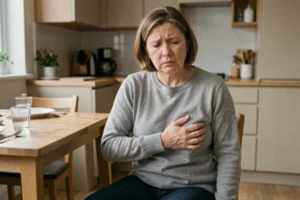 Femme souffrant de douleurs abdominales hautes après un repas, liées au nerf d'Arnold et aux troubles digestifs