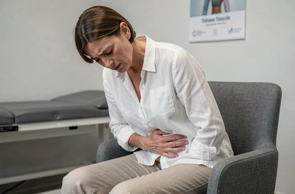 Femme assise en consultation médicale se tenant l'aine droite et l'abdomen inférieur, symbolisant la douleur sciatique et lombaire