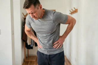 Homme tenant sa hanche droite et ses lombaires avec une expression de douleur, illustrant la douleur dans l'aine et les lombaires