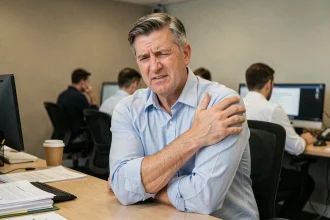 Homme en bureau tenant son épaule douloureuse avec une expression de gêne, illustrant les douleurs à l'épaule et fourmillements dans le bras