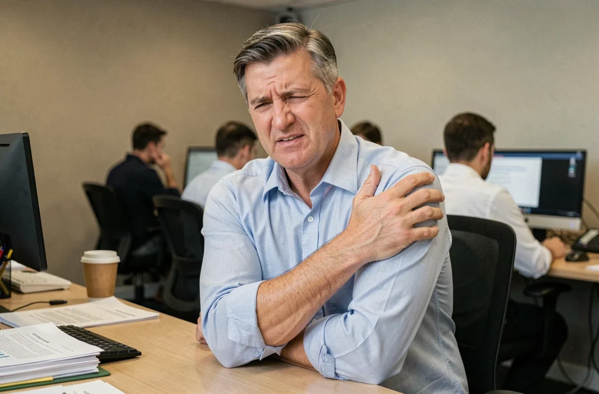 Homme en bureau tenant son épaule douloureuse avec une expression de gêne, illustrant les douleurs à l'épaule et fourmillements dans le bras