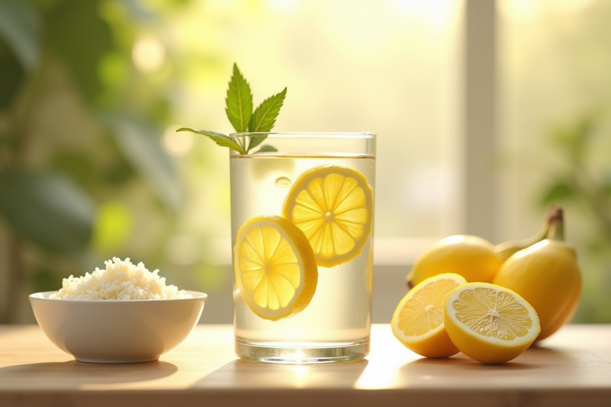 Verre d eau citronnee avec riz et bananes sur une table en bois