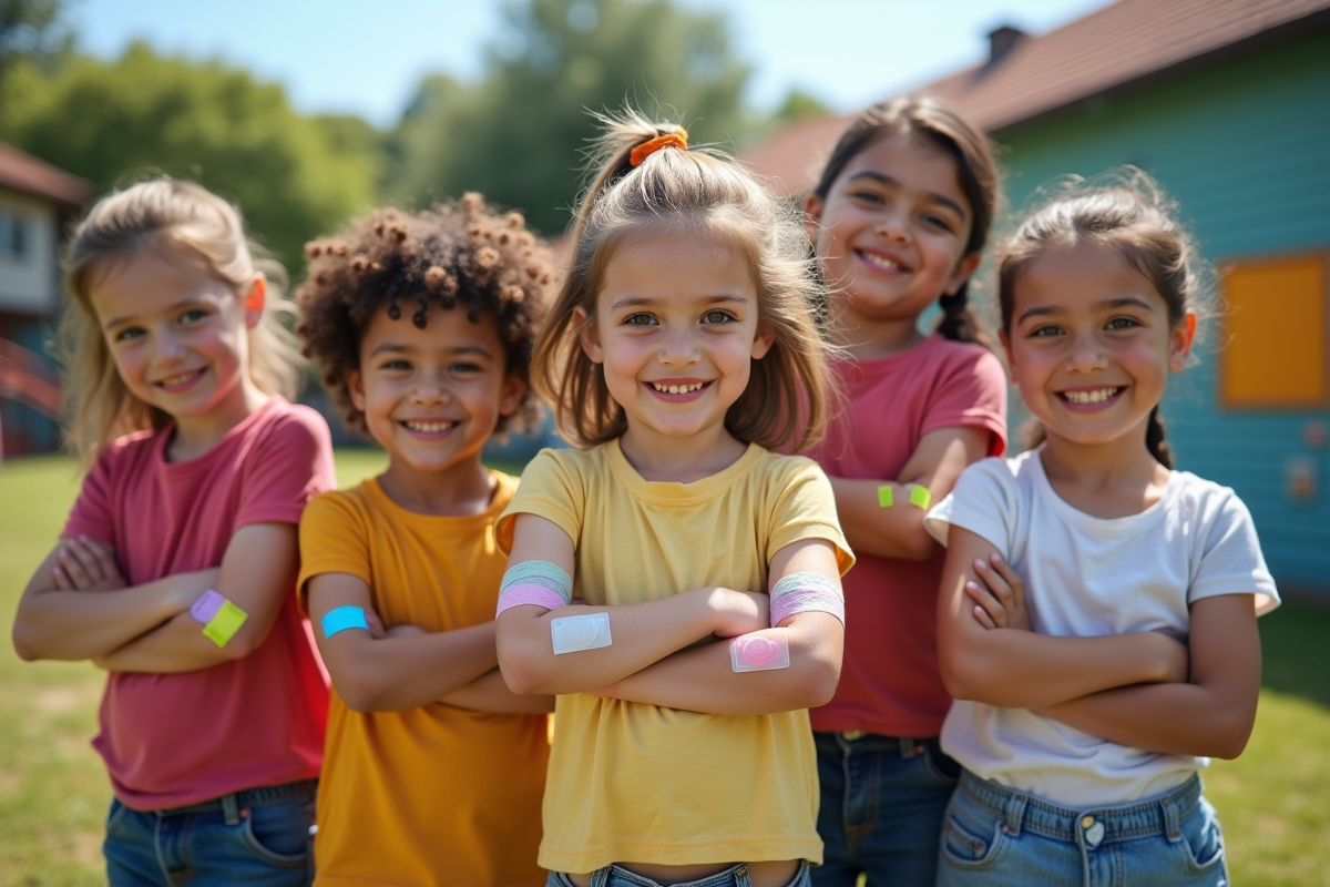 Groupe d enfants souriants avec bandes adhesives colorées