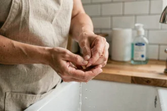 Femme se frottant les doigts sous l'eau du robinet pour enlever de la colle forte sur la peau
