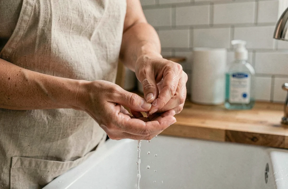 Femme se frottant les doigts sous l'eau du robinet pour enlever de la colle forte sur la peau