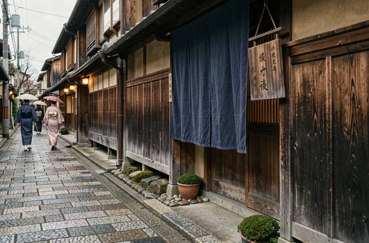Entrée d'un salon de massage japonais traditionnel dans une ruelle pavée du quartier Higashiyama à Kyoto