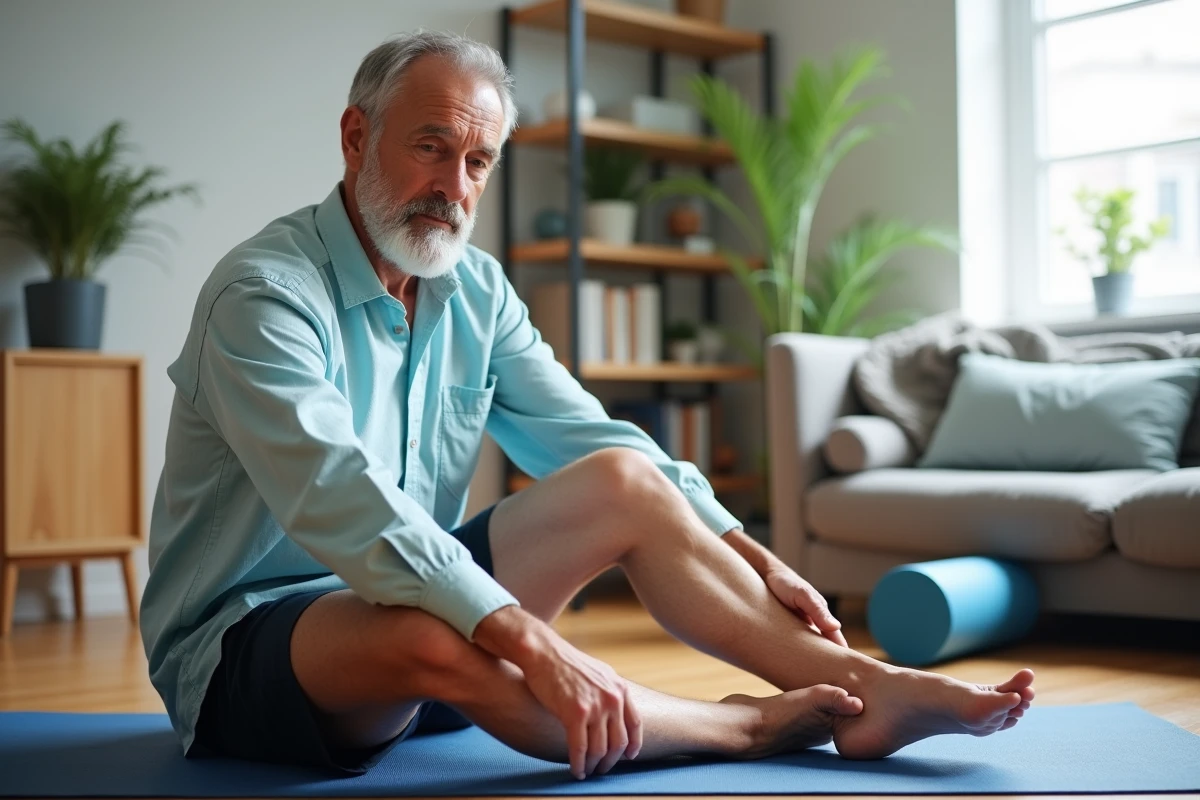 Homme senior réalisant des exercices d'étirement du genou sur un tapis de yoga à domicile pour soulager une tendinopathie de la patte d'oie