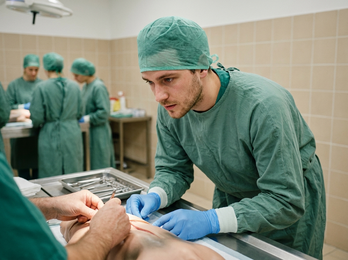 Étudiant vétérinaire en tenue chirurgicale observant une démonstration pratique dans une salle de formation universitaire équipée