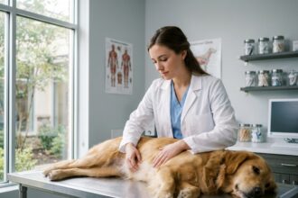 Étudiante vétérinaire en blouse blanche examinant un golden retriever sur une table d'examen dans une clinique moderne européenne