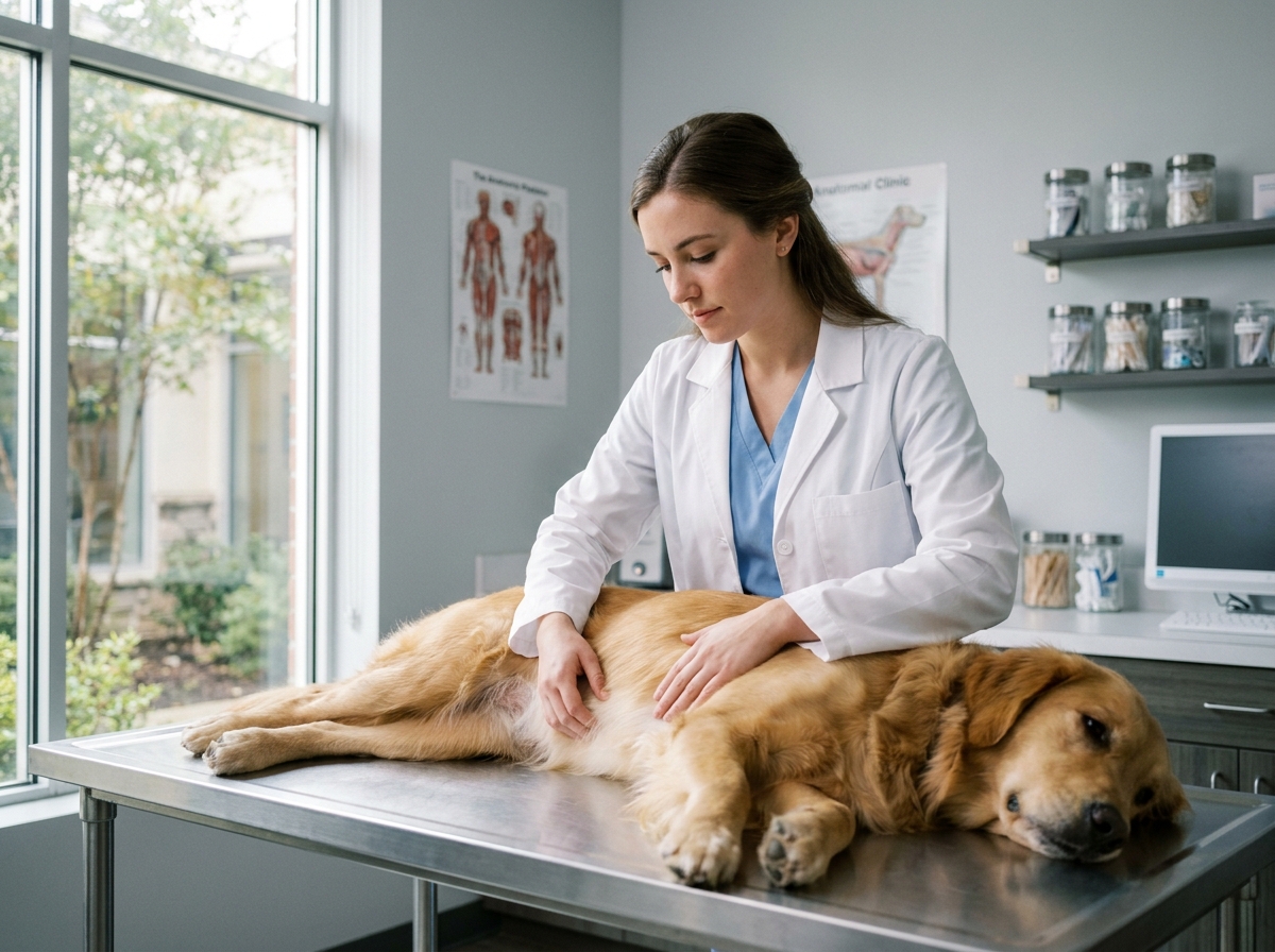 Étudiante vétérinaire en blouse blanche examinant un golden retriever sur une table d'examen dans une clinique moderne européenne