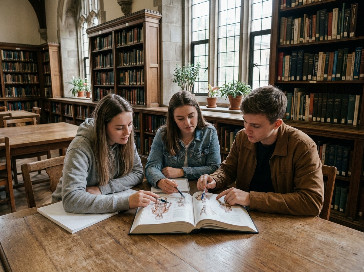 Groupe d'étudiants en médecine vétérinaire révisant ensemble des planches anatomiques dans une bibliothèque universitaire européenne