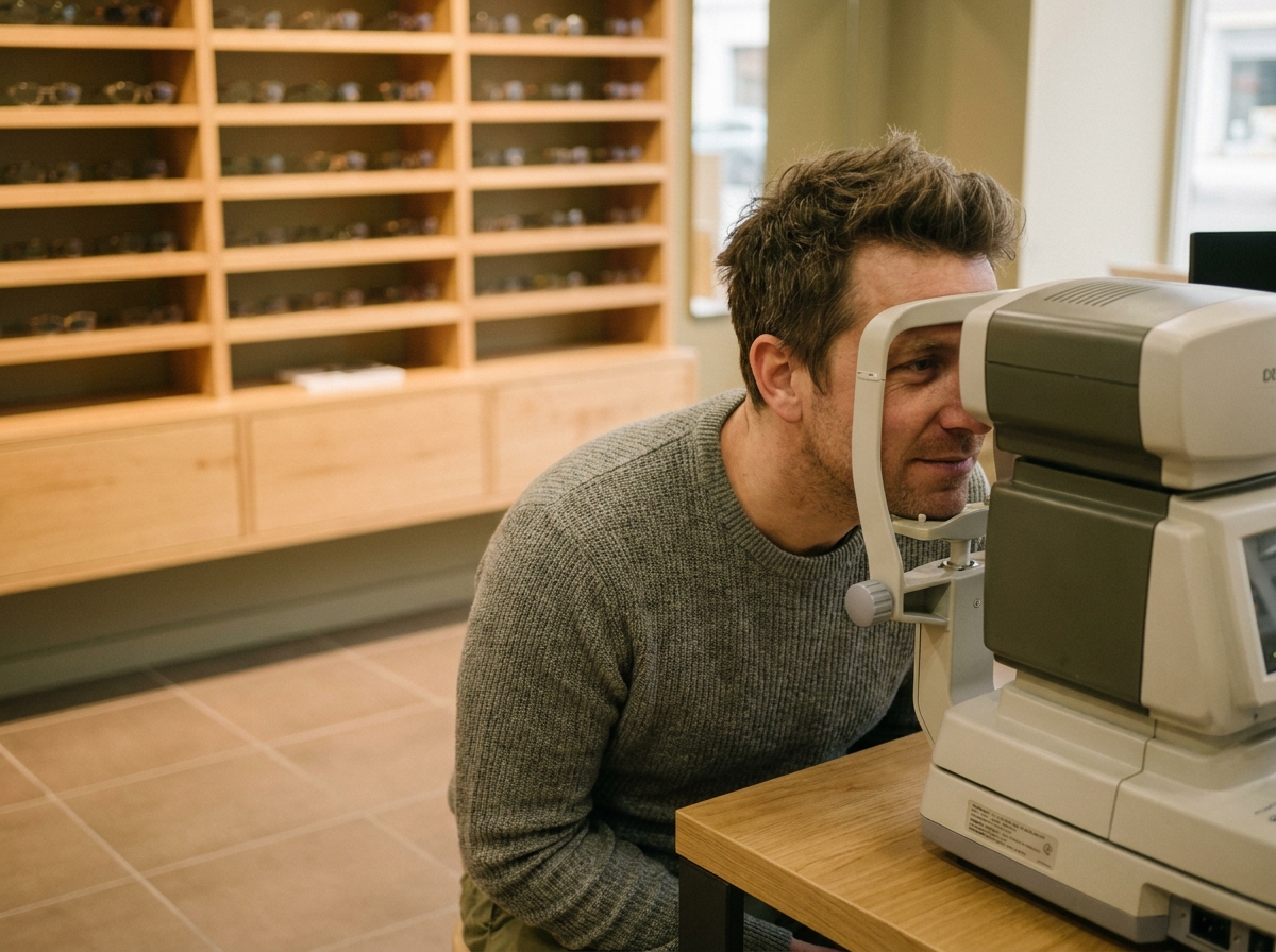 Homme passant un examen de la vue chez l'opticien avec un autoréfracteur dans une boutique de lunettes