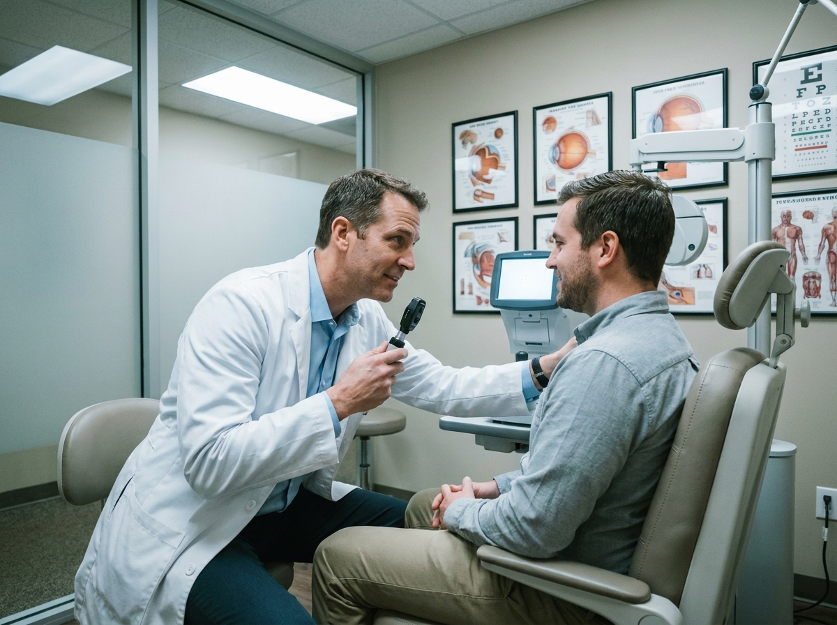 Opticien réalisant un examen de vue complet sur un patient en cabinet d'optométrie