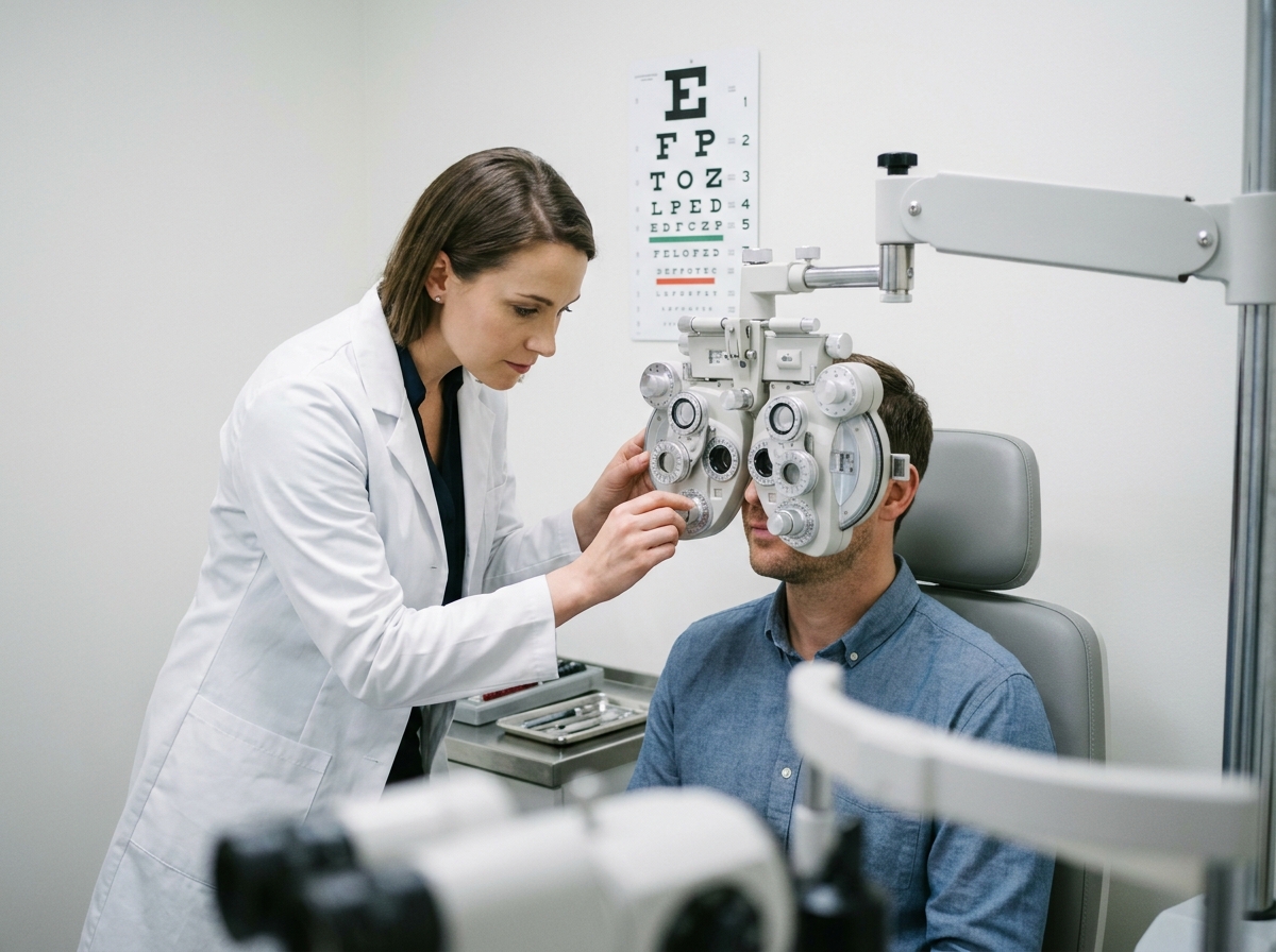 Opticienne réalisant un examen de vue précis sur un patient dans une salle d'optométrie professionnelle et bien équipée