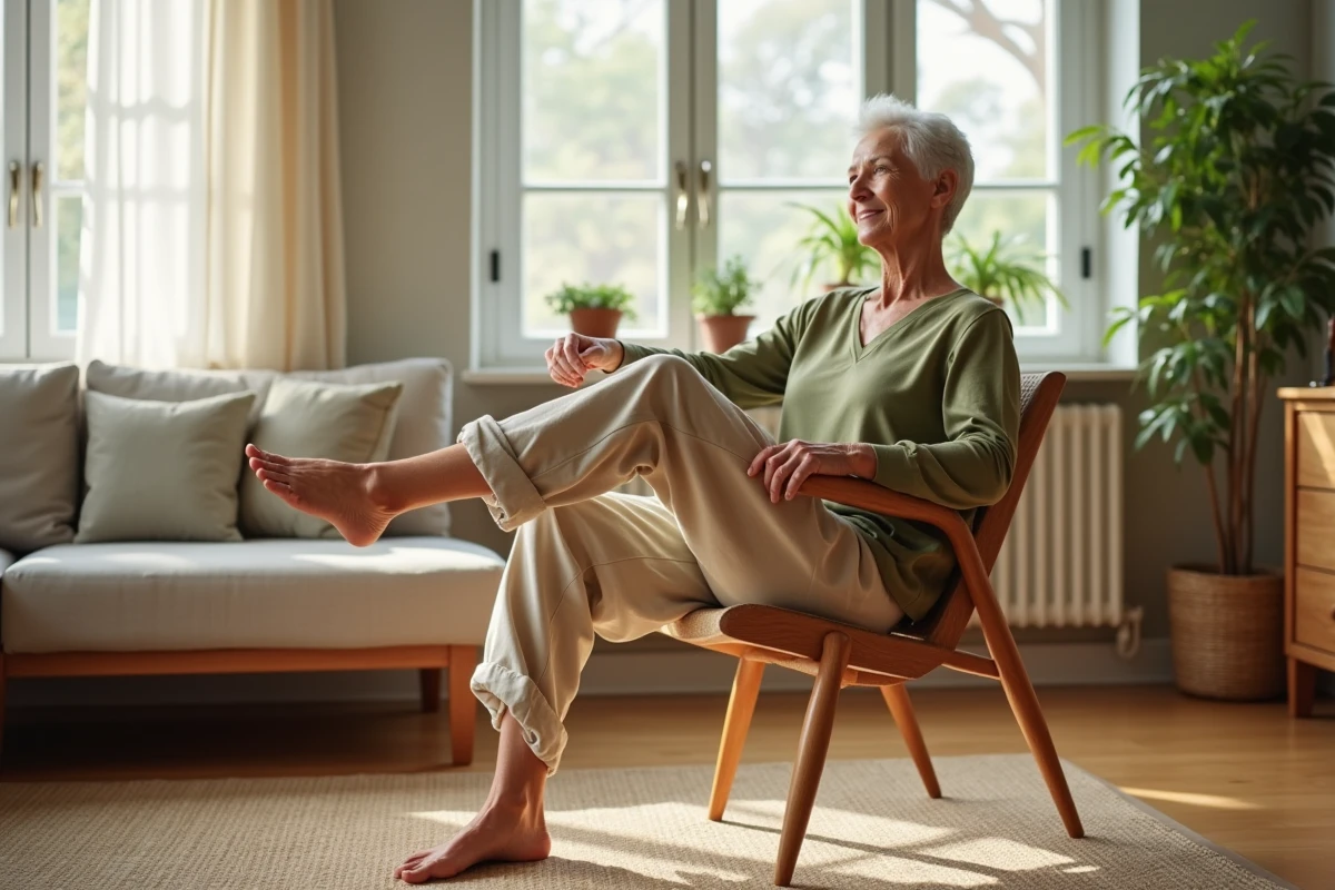 Femme senior réalisant un exercice de renforcement musculaire assis sur une chaise pour soulager la douleur liée à la cruralgie de la hanche