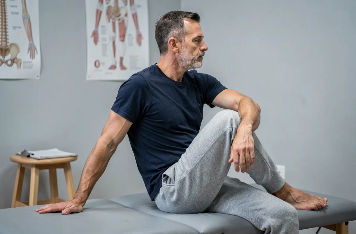 Homme effectuant une torsion vertébrale assise sous la supervision d'un professionnel de santé pour soulager la douleur dorsale gauche