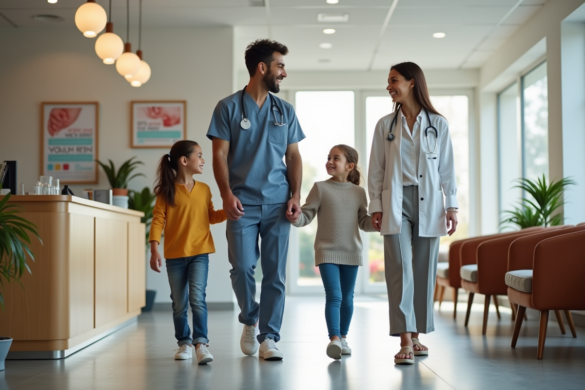 Famille accueillie par une medecin dans une salle d
