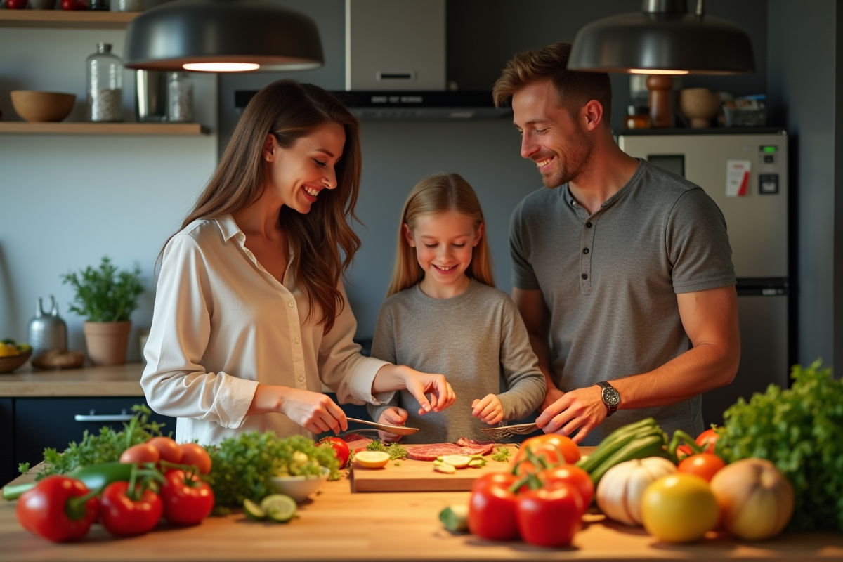 Famille heureuse préparant un repas sain en cuisine moderne