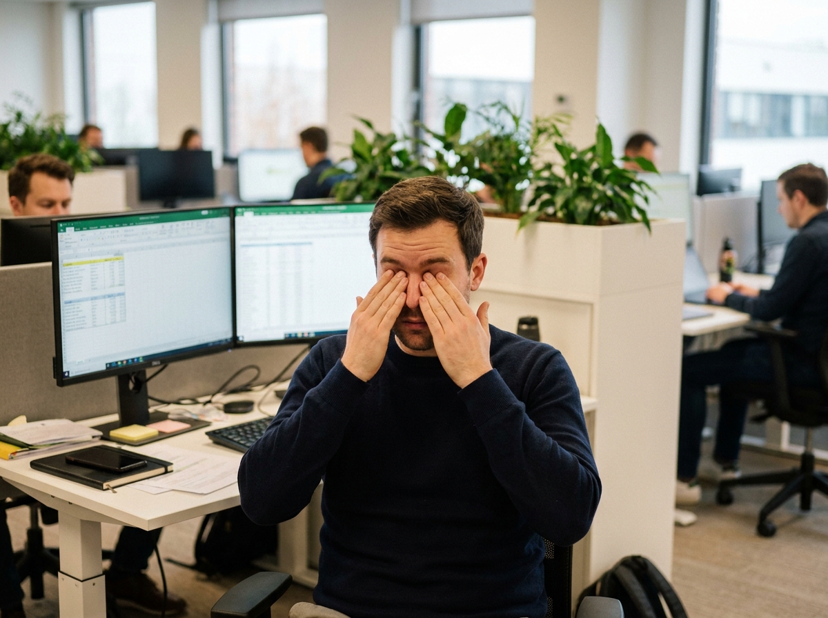 Homme en télétravail ressentant de la fatigue visuelle devant ses écrans dans un bureau en open space