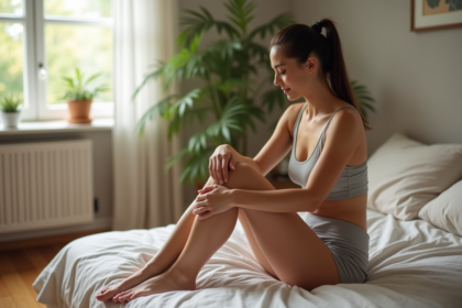 Femme en tenue confortable examine sa peau dans un salon lumineux