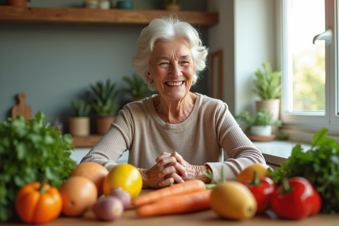 Femme agee souriante avec legumes frais dans la cuisine