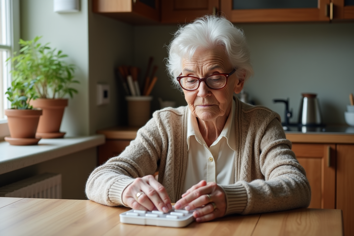 Femme âgée examinant un organisateur de médicaments à la maison