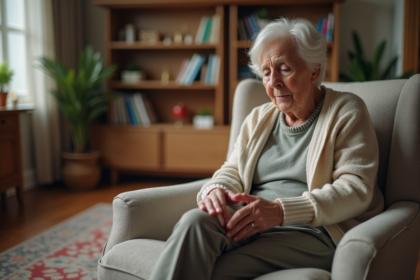 Femme agee assise se massant les jambes dans un salon chaleureux