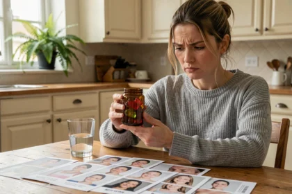 Femme analysant des compléments alimentaires oursons avec un regard critique, entourée de photos avant-après sur une table en bois