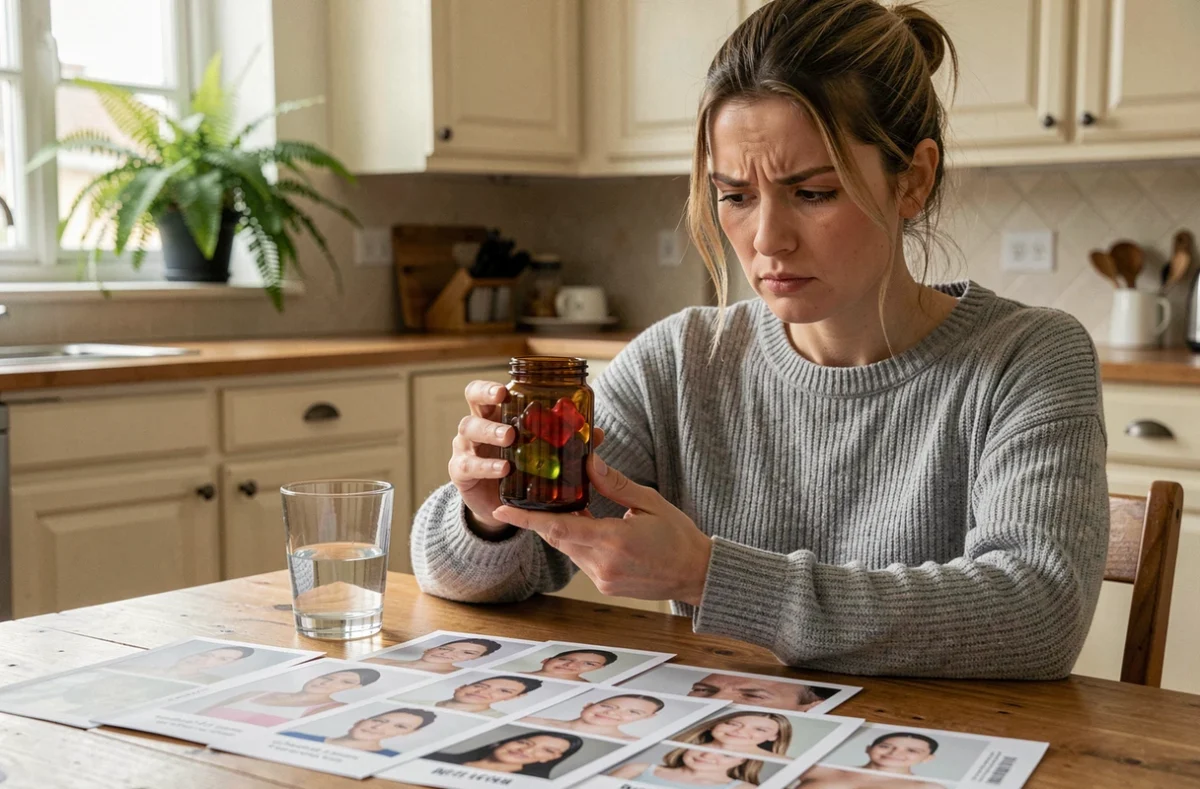 Femme analysant des compléments alimentaires oursons avec un regard critique, entourée de photos avant-après sur une table en bois