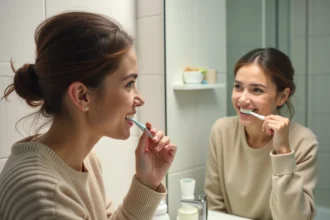 Femme en brossant ses dents dans une salle de bain lumineuse