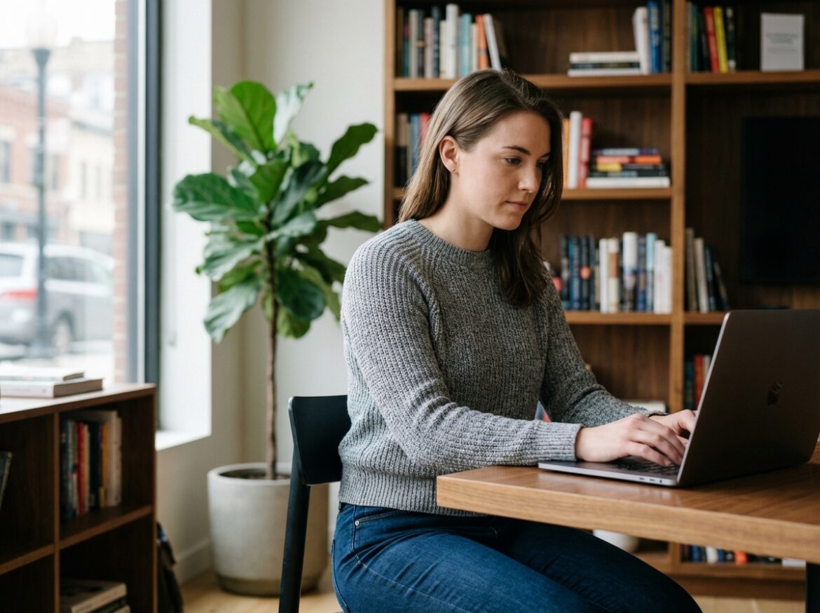 Jeune femme au bureau à domicile travaillant sur son ordinateur