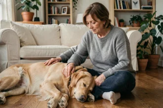 Femme d'âge mûr assise sur le sol avec son golden retriever convalescent après une ablation de la rate, dans un salon chaleureux