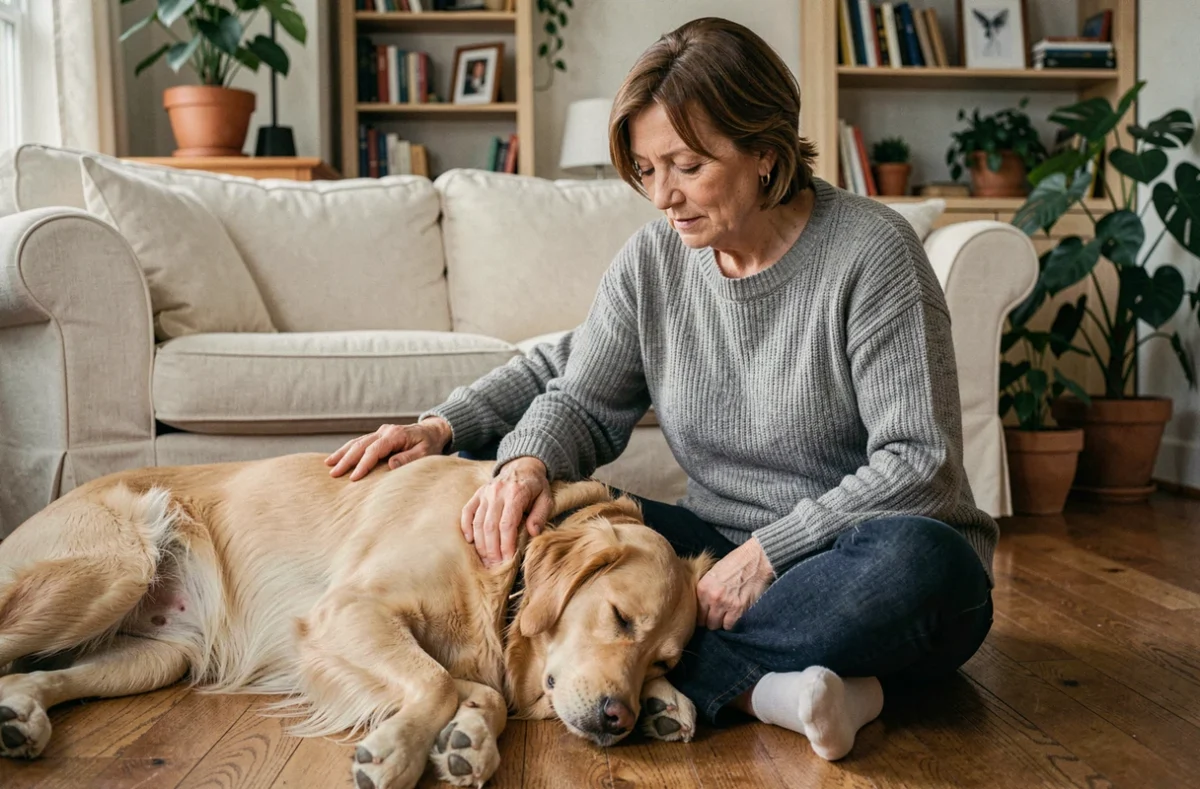 Femme d'âge mûr assise sur le sol avec son golden retriever convalescent après une ablation de la rate, dans un salon chaleureux
