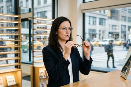 Femme choisissant des lunettes chez un opticien en centre-ville avec des présentoirs de montures en arrière-plan