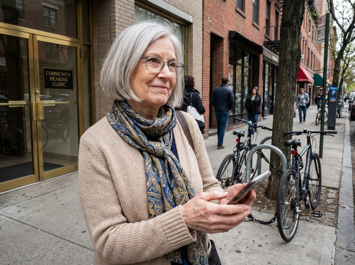 Femme âgée regardant son téléphone devant une clinique d