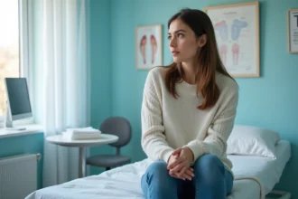 Femme assise sur une table d'examen gynecologique