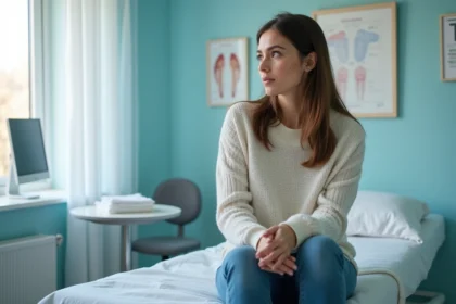 Femme assise sur une table d'examen gynecologique
