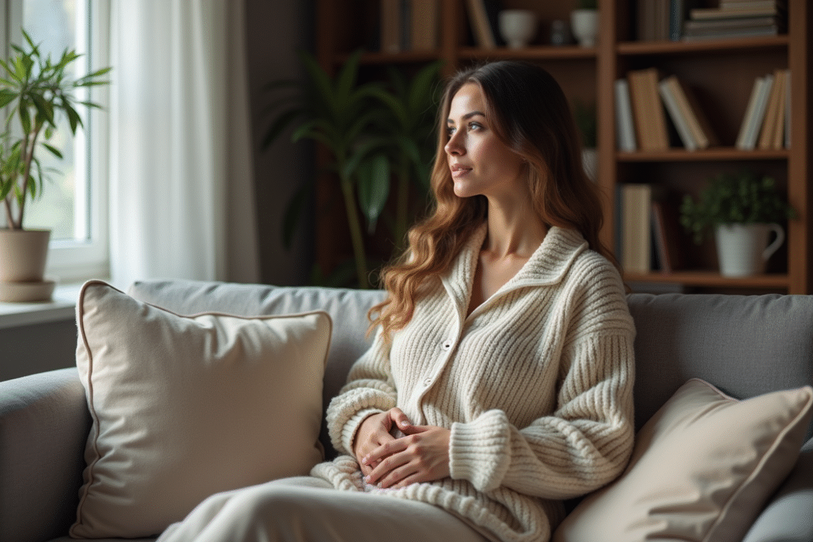 Femme en homewear doux contemplant la fenêtre