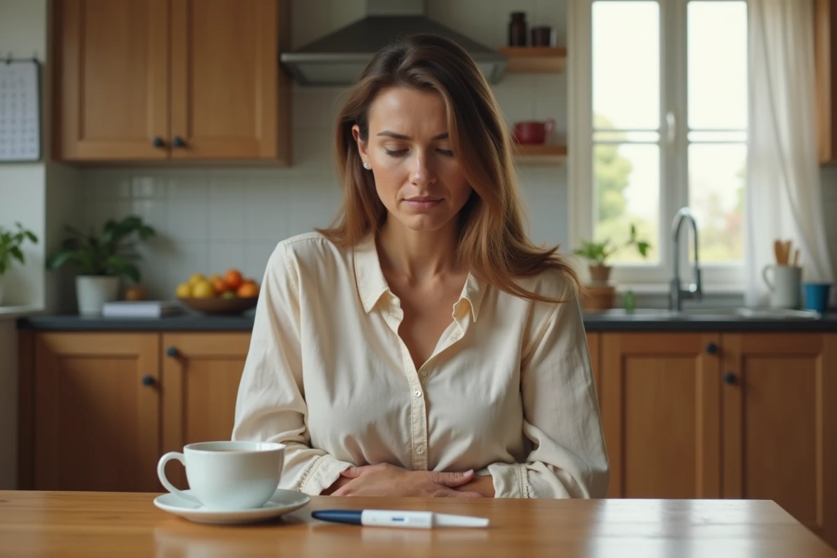 Femme assise à la table de cuisine avec un test de grossesse négatif et une tasse de thé, expression soucieuse en attendant ses règles