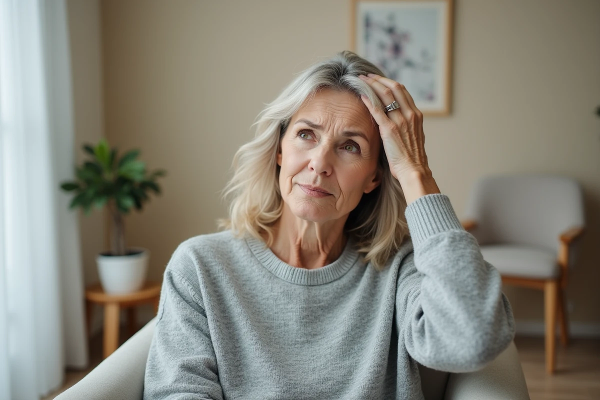 Femme d'âge moyen touchant son cuir chevelu avec inquiétude lors d'une consultation médicale