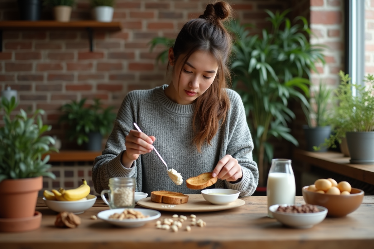 Femme mangeant un toast avec cottage cheese et fruits