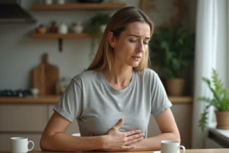Femme tenant son aisselle gauche douloureuse, assise dans une cuisine moderne, illustrant la douleur chronique sous l'aisselle