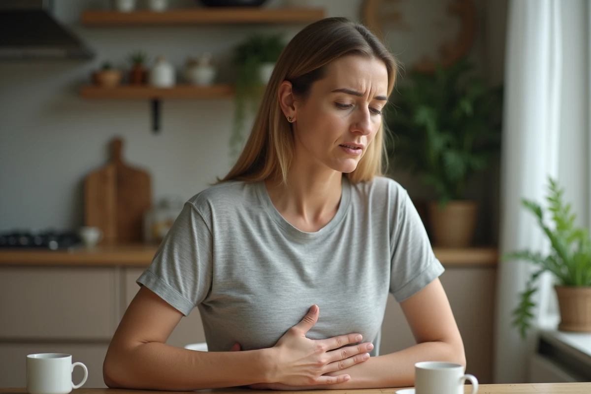 Femme tenant son aisselle gauche douloureuse, assise dans une cuisine moderne, illustrant la douleur chronique sous l'aisselle